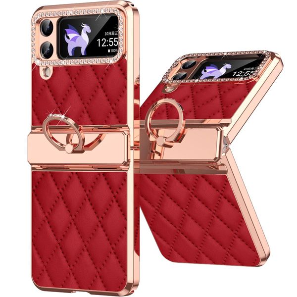 Custodia In Pelle Per Samsung Galaxy Z Flip 3 5G Con Supporto Ad Anello, Custodia Protettiva Lucida Con Protezione Della Cerniera Rosso-image