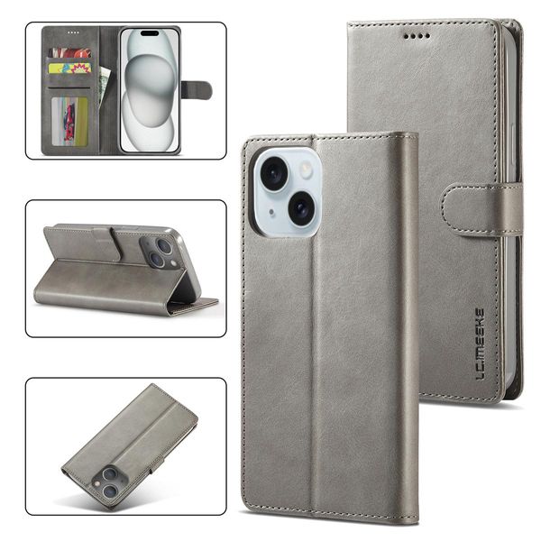 Custodia Per Iphone 15 Custodia Flip In Pelle Con Chiusura Magnetica E Supporto, Custodia Protettiva Grigio-image
