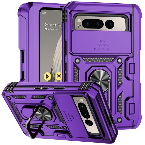 Custodia Per Google Pixel Fold A Doppio Strato Con Copertura Scorrevole Della Fotocamera E Supporto Ad Anello Verde-image