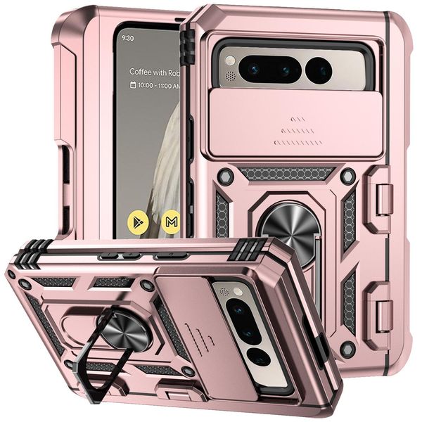 Custodia Per Google Pixel Fold A Doppio Strato Con Copertura Scorrevole Della Fotocamera E Supporto Ad Anello Rosa-image