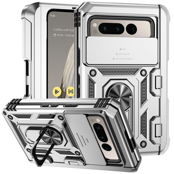 Custodia Per Google Pixel Fold A Doppio Strato Con Copertura Scorrevole Della Fotocamera E Supporto Ad Anello Argento-image