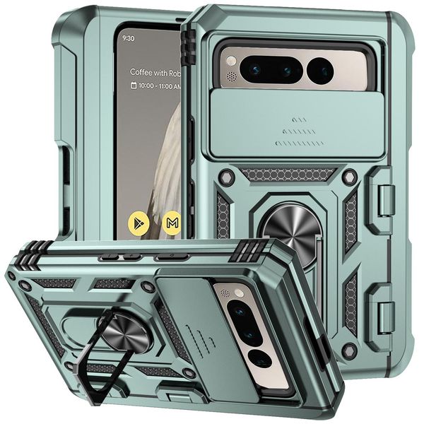 Custodia Per Google Pixel Fold A Doppio Strato Con Copertura Scorrevole Della Fotocamera E Supporto Ad Anello Verde-image