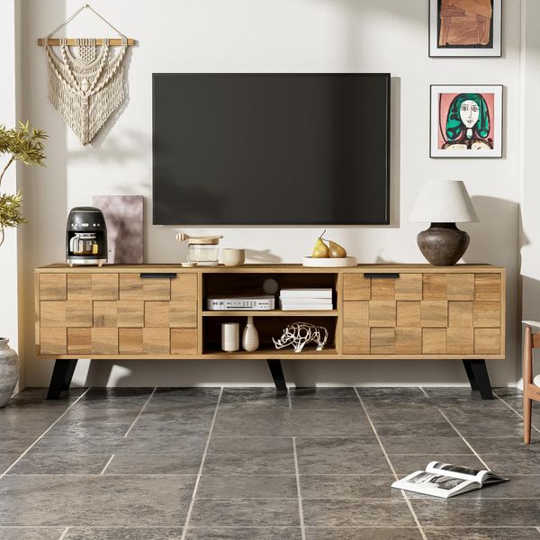 Mobile Tv Flieks Con 2 Ante E 2 Vani A Giorno, Mobile Tv 160,5X35,5X45 Cm, Mobile Da Soggiorno Con Design A Venature Di Legno, Colore Legno-image