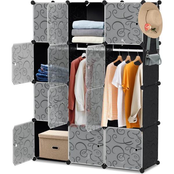 Aopunly Sistema Di Scaffalatura Guardaroba Fai Da Te Scarpiera 12 Cubi Di Plastica Appendiabiti, 140X105X35Cm Bianco E Nero-image