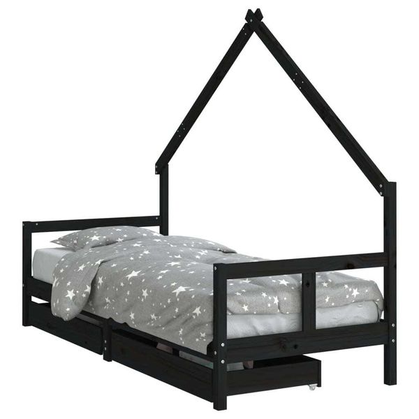 Vidaxl Letto Per Bambini Con Cassetti Nero 80X200 Cm In Legno Di Pino Massiccio-image