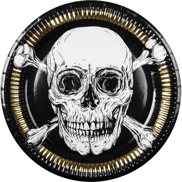 Piatto Di Carta Pirata Jolly Roger 10 Pezzi Colore Nero-Bianco-Oro 23 Cm --image