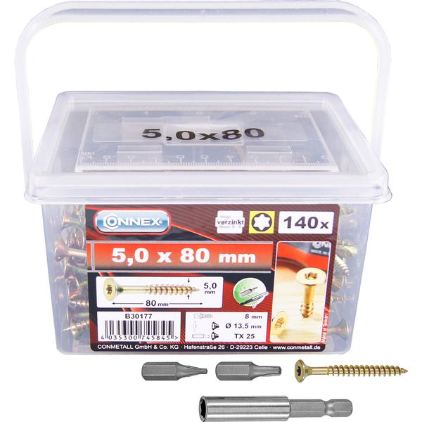 Viti Universali Connex 5,0 X 80 Mm - 140 Pezzi In Un Set - Testa Svasata - Trasmissione Tx - Parzialmente Filettate - Zincato Giallo - Incl. Supporto Magnetico E 2 Punte / Set Di Viti / Secchio Per Viti / B30177, Argento-image