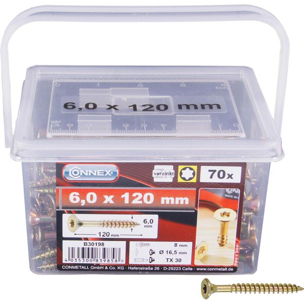 Viti Universali Connex 6,0 X 120 Mm - Testa Svasata - Trasmissione Tx - Parzialmente Filettate - Zincato Giallo / Set Di Viti / Secchio Per Viti / B30198 6,0 X 120 Mm (70 Pezzi)-image