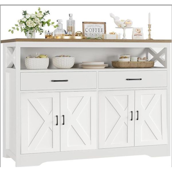 Credenza, Mobile Da Cucina Con 2 Cassetti E 4 Ante, Cassettiera Da Cucina, Mobile Buffet Con Piano Di Lavoro Per Soggiorno Sala Da Pranzo, Ripiano Regolabile, 140X105X40Cm-image