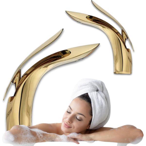 Silla | Miscelatore Per Lavabo - Oro Lucido - Miscelatore Per Lavello - Altezza 19,5 Cm - Ottone - Miscelatore Monocomando-image