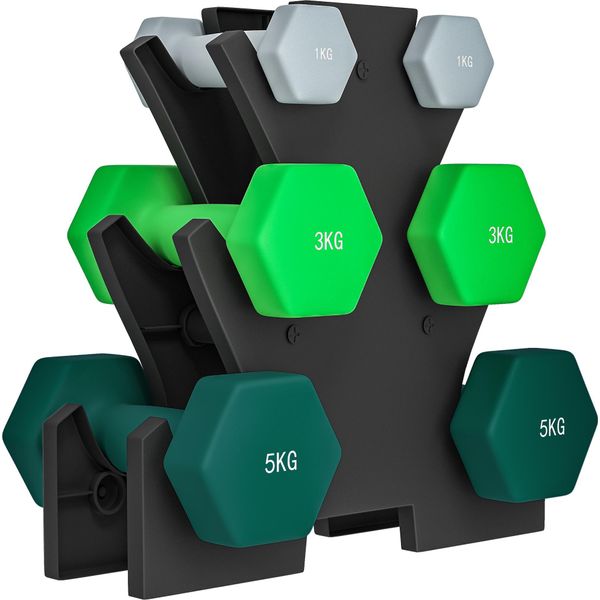 Sportnow Set Di Manubri 6 Manubri Con Rastrelliera Per Manubri, 2 X 1 Kg, 2 X 3 Kg, 2 X 5 Kg Set Di Manubri In Metallo Per Fitness, Ginnastica, A Casa-image
