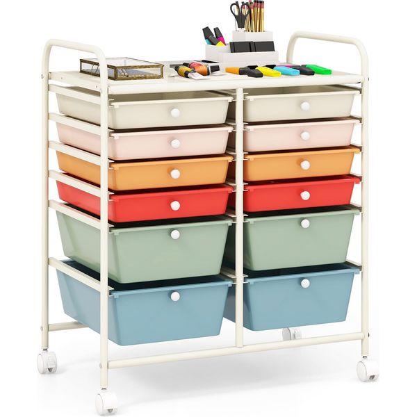 Carrello Costway Con 12 Cassetti Impilabili, Carrello Con Struttura In Metallo E Ripiano, Carrello Da Bagno Carrello Portaoggetti Macaron Colorato-image