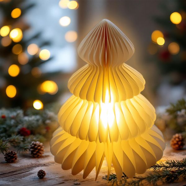 Albero Di Natale Di Carta A Led Bianco Caldo Illuminato Con Timer - 28 Cm - Figura Decorativa Albero Di Natale Pieghevole Con Illuminazione A Batteria-image