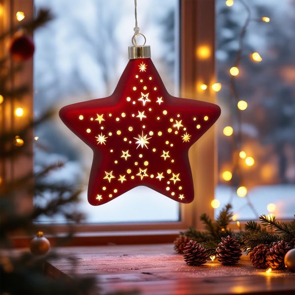 Stella Di Natale In Vetro Rossa Da Appendere Con 10 Led Illuminati - 15 Cm - Stella Decorativa Luminosa Bianco Caldo A Batteria-image