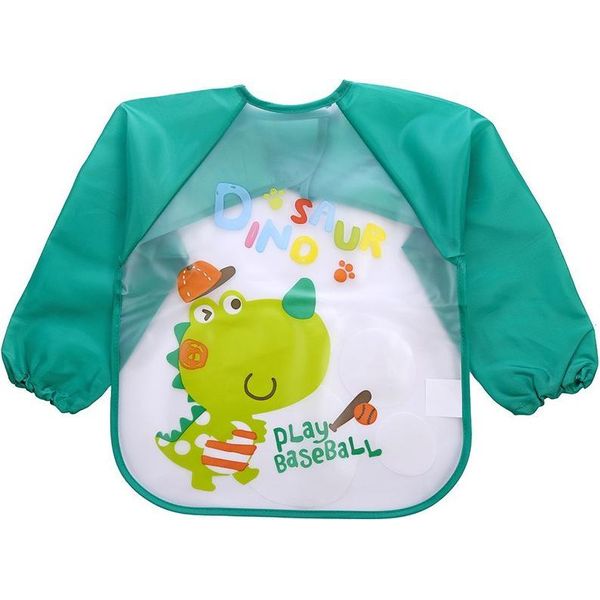 Bavaglino Con Maniche Per Mangiare, Colorare, Grembiule Per Giocare, Bavaglino Con Maniche Per Un Bambino, Dinosauro Verde-image