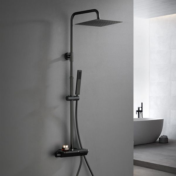 Joho Nero Con Termostatico In Acciaio Inox 304 Colonna Doccia Rubinetto Con Soffione Con Miscelatore, Set Doccia A Pioggia Con Doccetta 20×20Cm-image