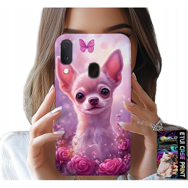 Custodia Per Samsung Galaxy A20E - Simpatico Chihuahua Su Sfondo Rosa Con Fiori-image