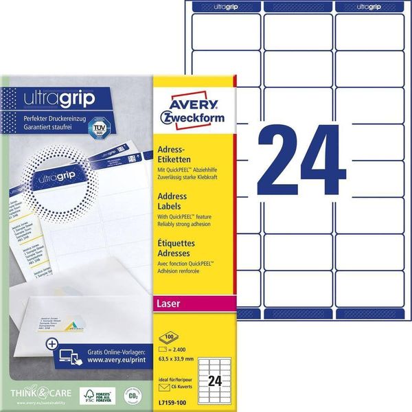 Avery Zweckform L7159-100 Etichette Per Indirizzi, A4 Con Ultragrip, 63,5 X 33,9 Mm, 100 Fogli/2.400 Etichette, Bianco-image