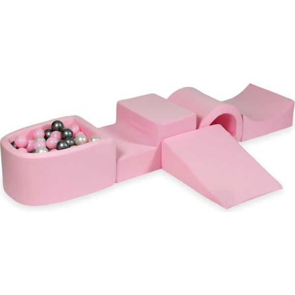 Parco Giochi In Schiuma Con Ponte E Piscina, Micro Polvere Rosa + 100 Palline: Madreperla, Argento, Rosa Chiaro-image