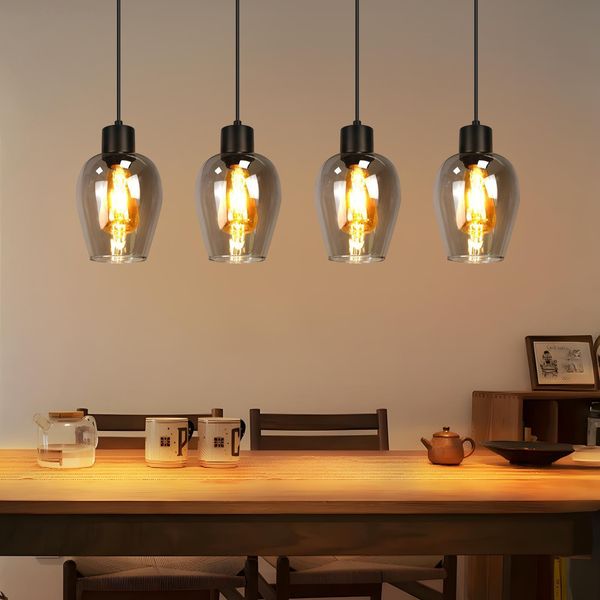 Zmh Lampada A Sospensione A 4 Fiamme Nero - Lampada A Sospensione E27 Lampada A Sospensione Vintage In Vetro Per Tavolo Da Pranzo Sala Da Pranzo Cucina Isola Hotel Soggiorno Senza Fonte Di Luce-image