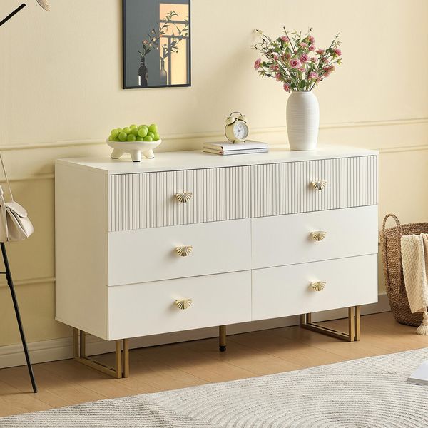 Credenza Moderna Merax Con 6 Cassetti, Cassettiera In Bianco Con Accenti Dorati, Mobile In Mdf E Acciaio, Design Elegante Per Camera Da Letto, Soggiorno-image