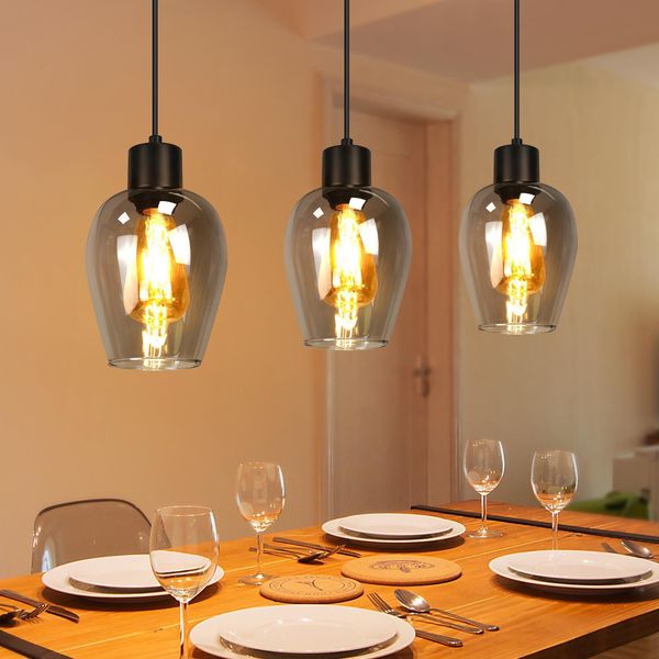Zmh Lampada A Sospensione Nera A 3 Fiamme - Lampada Vintage A Sospensione Tavolo Da Pranzo E27 Lampada Da Cucina A Sospensione In Vetro Fumé Retrò Per Sala Da Pranzo Hotel Scala Soggiorno Senza Fonte Di Luce-image