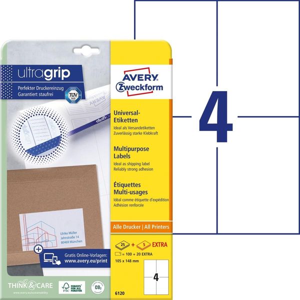 Avery Zweckform 6120 - Etiketten - Weiß - A6 (105 X 148 Mm) - 100 Etikett(En) (6120)-image