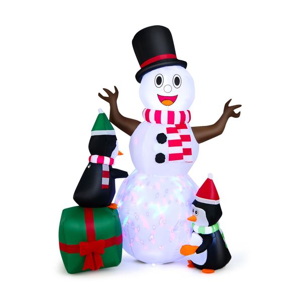 Costway 180Cm Pupazzo Di Neve Gonfiabile Con Pinguini, Decorazione Natalizia Xl Con Luci Led Colorate, Decorazione Festiva Autogonfiabile-image
