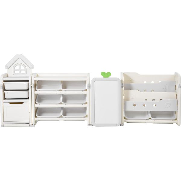 Succebuy Libreria E Magazzino Per Giocattoli In Hdpe, Scaffale Multifunzionale A 4 Livelli Con 10 Scatole Di Plastica Rimovibili E Tavolo Da Disegno, Ideale Per Le Stanze Dei Bambini E Le Aule Scolastiche (Grigio + Beige)-image