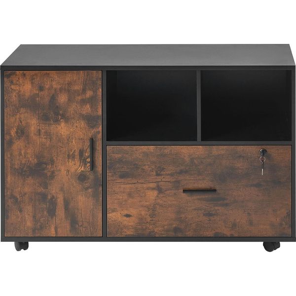 Succebuy Cartella Mobile In Legno Con Scomparti Aperti, Piedistallo Mobile Con Serratura E Ripiani Regolabili, Supporto Per Stampante Per Ufficio, Casa E Scuola, Look Rustico In Marrone-image