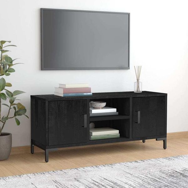 The Living Store Mobile Tv Nero 110X35X48 Cm In Legno Di Pino Massiccio-image