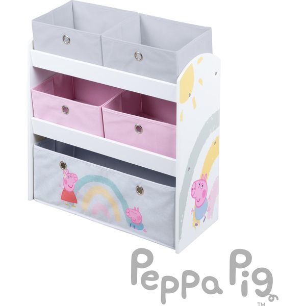 Scaffale Giocattoli In Legno Peppa Pig - Scaffale Giocattoli Con 5 Contenitori - Scaffale Montessori Per Bambini E Bambine - Bianco-image