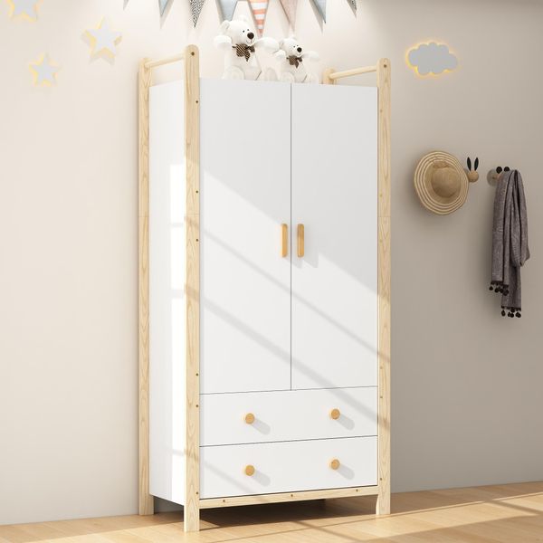 Armadio Per Bambini Merax Con 2 Ante, 2 Cassetti, Asta Appendiabiti, Spazio Per La Camera Dei Bambini, Armadio In Stile Country, 90×45×180 Cm, Naturale/Bianco-image
