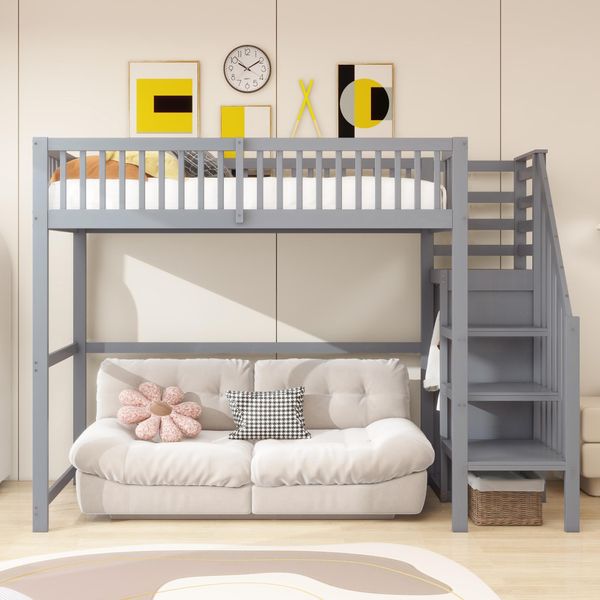 Letto A Castello Flieks 90X200Cm Con Scale E Armadio, Letto A Castello Per Ragazzi Con Rete A Doghe, Letto Per Bambini Con Protezione Anticaduta, Letto Singolo In Legno, Grigio-image