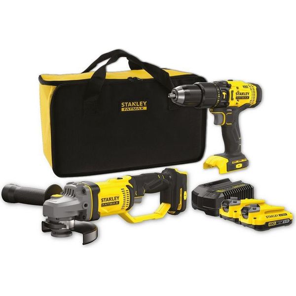 Stanley Combo Kit V20 Li-Ion 18V: Trapano A Percussione SFMCD711 + Mini Smerigliatrice SFMCG400 Con 2 Batterie Li-Ion 2Ah E Borsa Di Trasporto-image