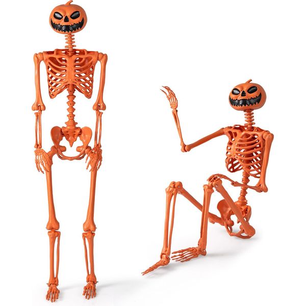 Costway 158 Cm Decorazione Di Halloween Scheletro, Zucca Scheletro Con Articolazioni Mobili E Corda, Decorazione Di Halloween A Grandezza Naturale, Plastica, Per Interni, Arancione-image