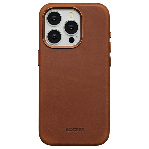 Cover Per Iphone 15 Pro - Vera Pelle - Custodia Rigida/Copertura Posteriore Accezz - Cognac-image