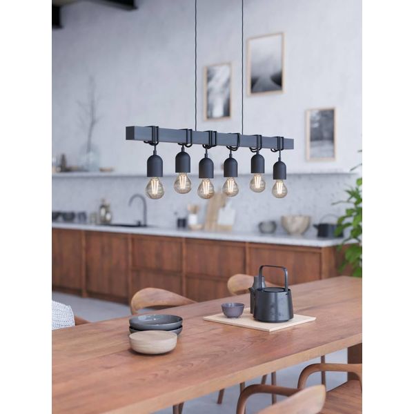 Eglo HäNgeleuchte "Townshend HäNgelampe Vintage, Holz Und Stahl, IP20, E27, Pendellampe", Schwarz (Schwarz Schwarz), 6, Ø 0Cm H: 110Cm, 1 Stk., Leuchten, HäNgeleuchte, Esszimmer, L100 X B10 X H110 Cm, Schwarz, 6X40W Exkl., HäNgeleuchte-image
