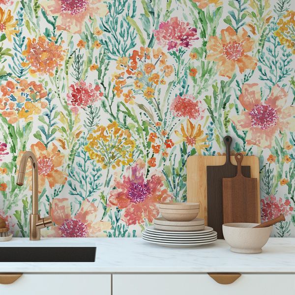 Vliestapete A.S. Création "Aquarell Dreams Blumen-Tapete Mustertapete Aquarellfarben Blumen", Bunt (Bunt,Weiß,Rot), B:0,53M H:0,02M L:10,05M, Vlies, Tapeten, Vliestapete Landhaus FüR Schlafzimmer KüChe Wohnzimmer Blumen Design-image