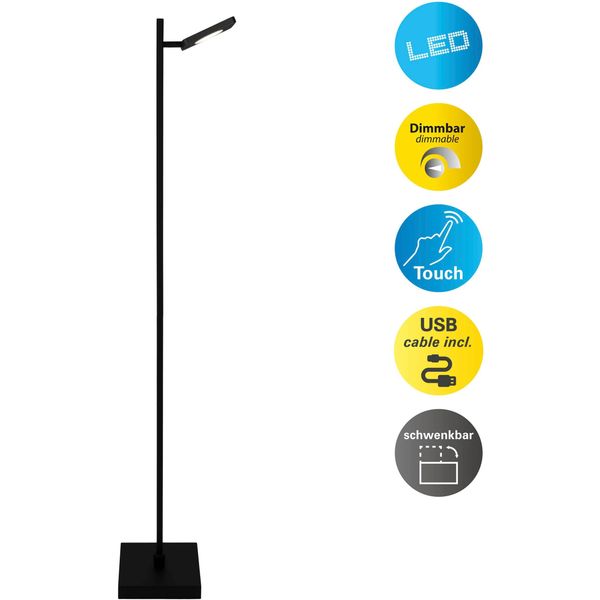 NÄVe Led Stehlampe "Lupa", Schwarz, 1, H: 135Cm, 1 Stk., Leuchten, Akkuleuchte, USB-C Kabel, Schwarz, Dimmbar(Touch), Schirm Drehbar, Led Stehlampe-image