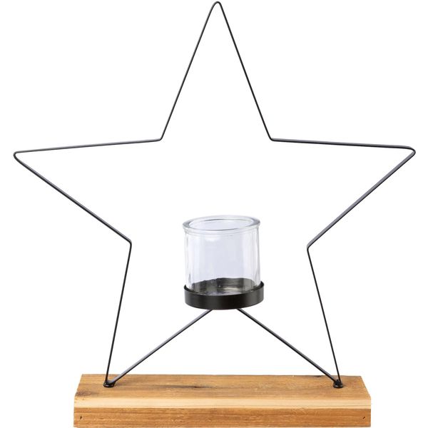 Windlicht Creativ Deco "Weihnachtsdeko", Schwarz, B:40Cm H:41Cm T:8Cm, Metall, Kerzenhalter, Windlicht, Auf Edlem Holzfuß, In Stern-Form, HöHe Ca. 41 Cm-image