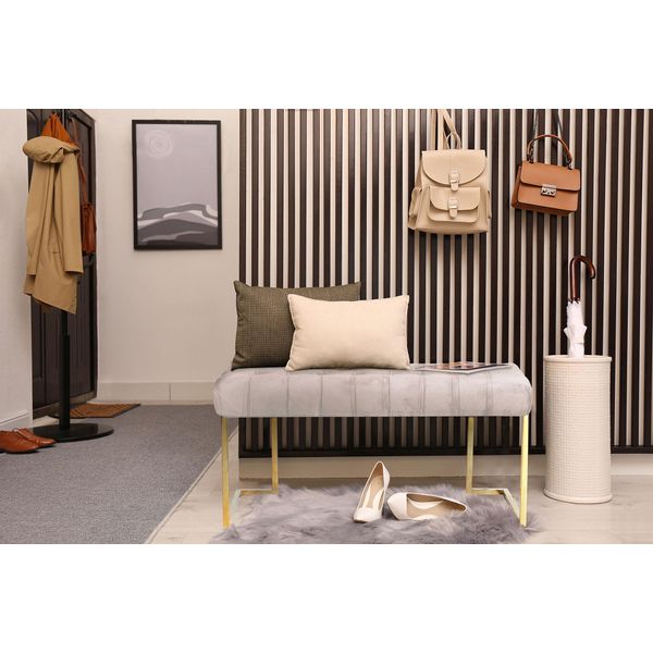 Sitzbank Kayoom "Rarity 225, Edler Touch Durch Goldenes Gestell", Grau (Taupe), B:100Cm H:48Cm T:47Cm, Bezug: 100% Polyester (Samt) Gestell: Edelstahl, SitzbäNke, Sitzbank, Eckig, Samtweich, Gesteppt, Mit ZierknöPfen, Edelstahlgestell-image