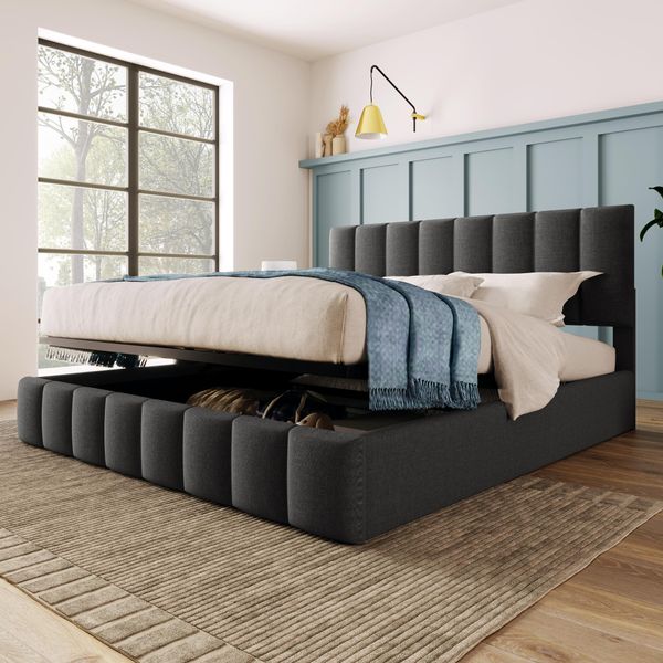 Letto Imbottito Flieks 140X200Cm, Letto A Molle Con Rete A Doghe, Letto Per Ragazzi Con Contenitore, Letto Matrimoniale Con Contenitore, Grigio-image