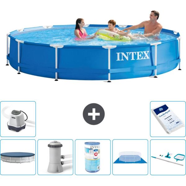 Piscina Intex Con Struttura Rotonda - 366 X 76 Cm - Blu - Include Copertura - Pompa Filtro Per Piscina - Filtro - Copertura Del Terreno - Kit Di Pulizia - Sistema Di Acqua Salata-image