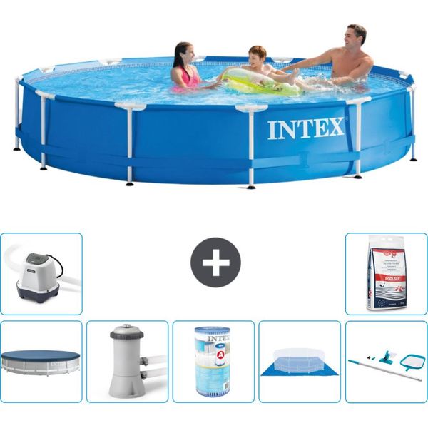 Piscina Intex Con Struttura Rotonda - 366 X 76 Cm - Blu - Include Copertura - Pompa Filtro Per Piscina - Filtro - Copertura Del Terreno - Kit Di Pulizia - Sistema Di Acqua Salata-image