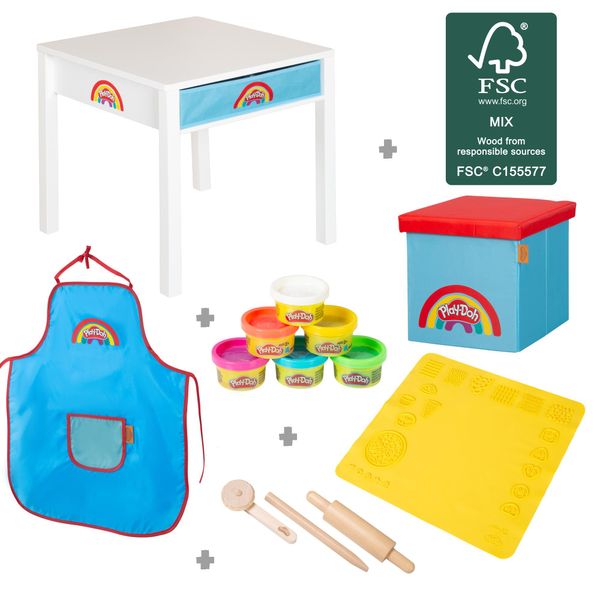 Roba X Tavolo Artigianale Play-Doh Con Sgabello - Set Da Gioco In Legno Con 6 Barattoli Da Modellare, Strumenti In Legno, Tappetino Creativo 3D, Grembiule E Contenitore-image