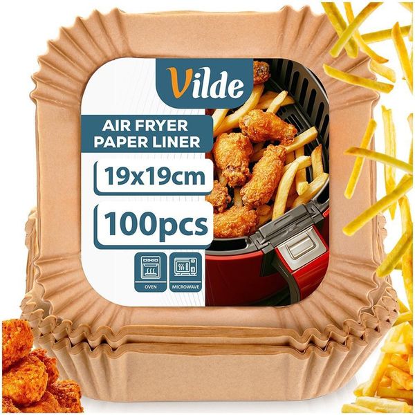 Vilde | Inserto Per Friggitrice Ad Aria - Marrone - 19X19Cm - 100 Pezzi - Carta Da Forno Monouso - Carta Da Forno Per Friggitrice Ad Aria-image