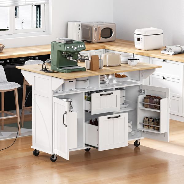 Carrello Da Cucina Merax Su Ruote, Carrello Da Cucina Mobile Con 2 Piani Di Lavoro Estensibili, Ante, Vani A Giorno, Cassetti, Mobile Da Cucina Bianco-image