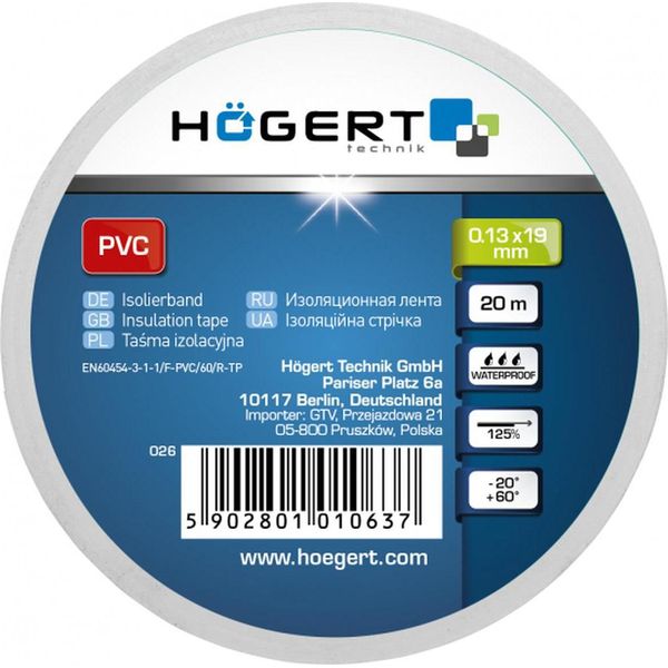 Nastro Isolante HöGert 0,13 Mm X 19 Mm X 20 M, Bianco-image