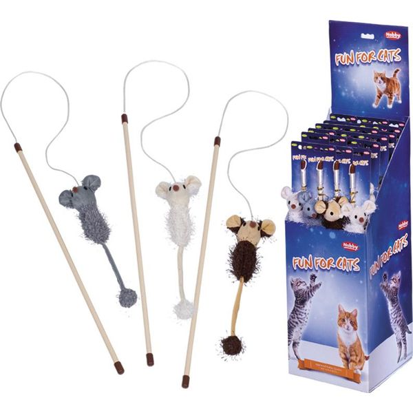 Topolino Nobby Con Sonaglio Display Assortito 24 Pezzi, Bastone 45 Cm, Nastro Con Giocattolo 75 Cm, Con Erba Gatta-image